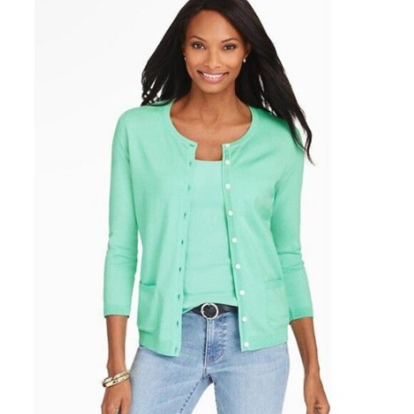 NWT Talbots Green Pima Cotton Three-Quarter-Sleeve Charming Cardigan Size 2X - Picture 2 of 9